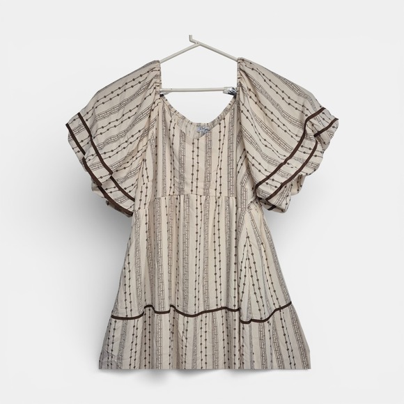 Polagram Womens 3XL Cream Brown Stripe Tiered Midi Dress Puff Sleeve PSD5124-X - Picture 3 of 9